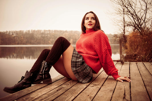 fall fashion model pretty young in red and jeans