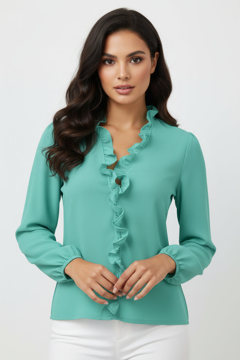 Full size BELLA BLA ruffled V-neck long sleeve blouse with a flowing design and ruffle details, displayed on a hanger.