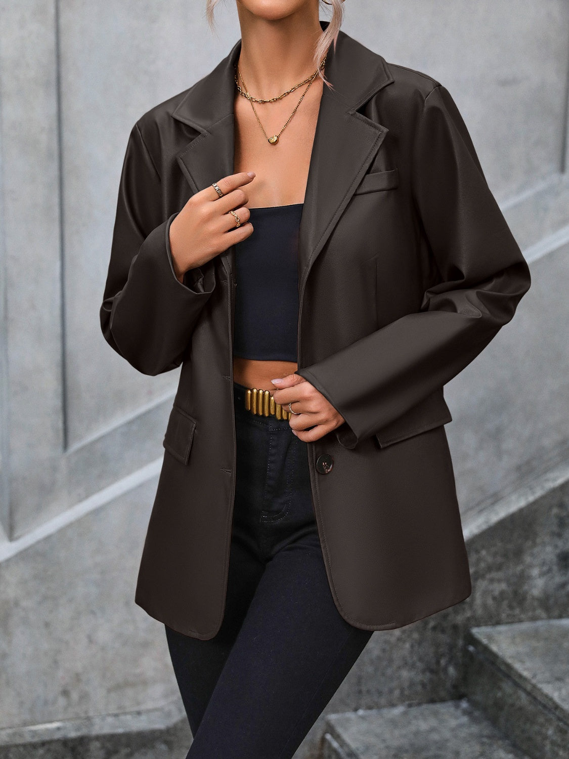 BELLA Ivy Lane pocketed button-up collared neck blazer, trendy tailored blazer with front pockets and classic design.