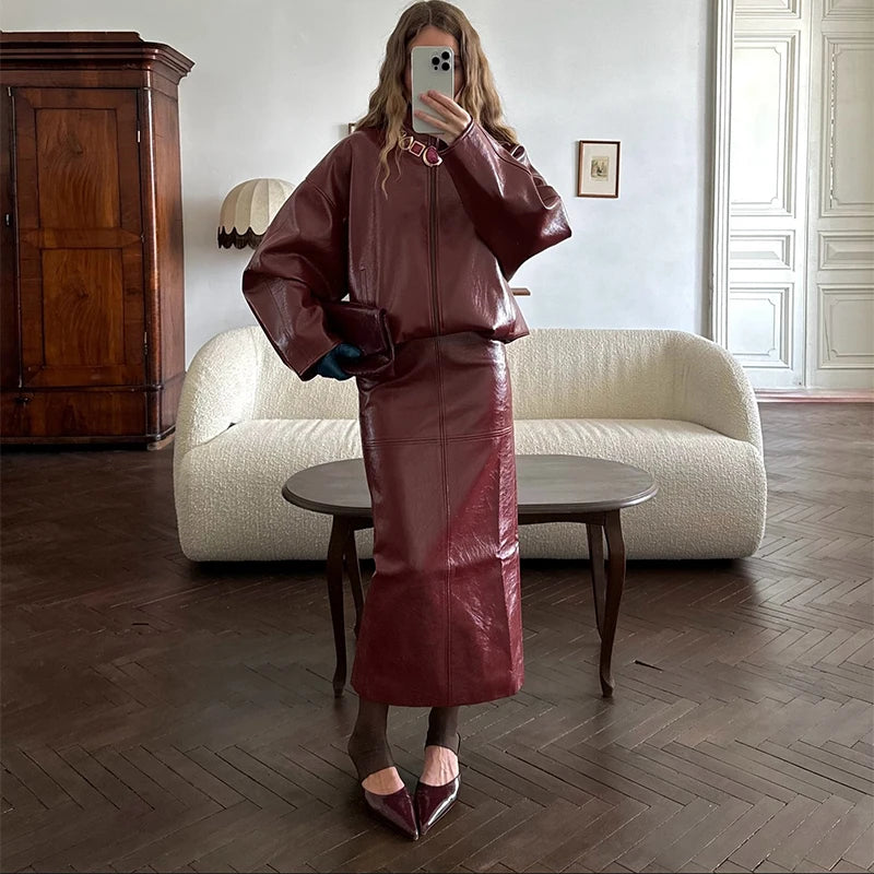Jacket Skirt Sets Low Waist Solid Long Skirt