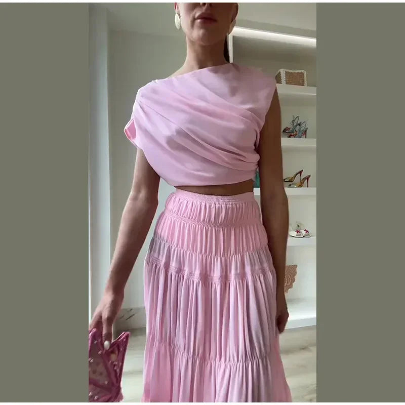 Solid Pleated Crop Top and Skirt