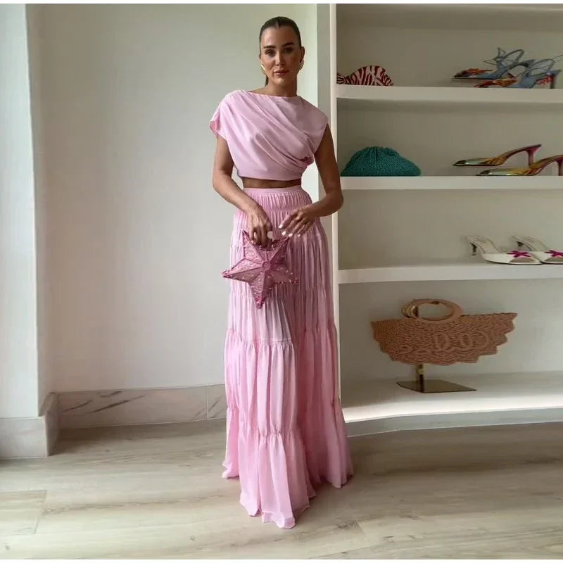 Solid Pleated Crop Top and Skirt