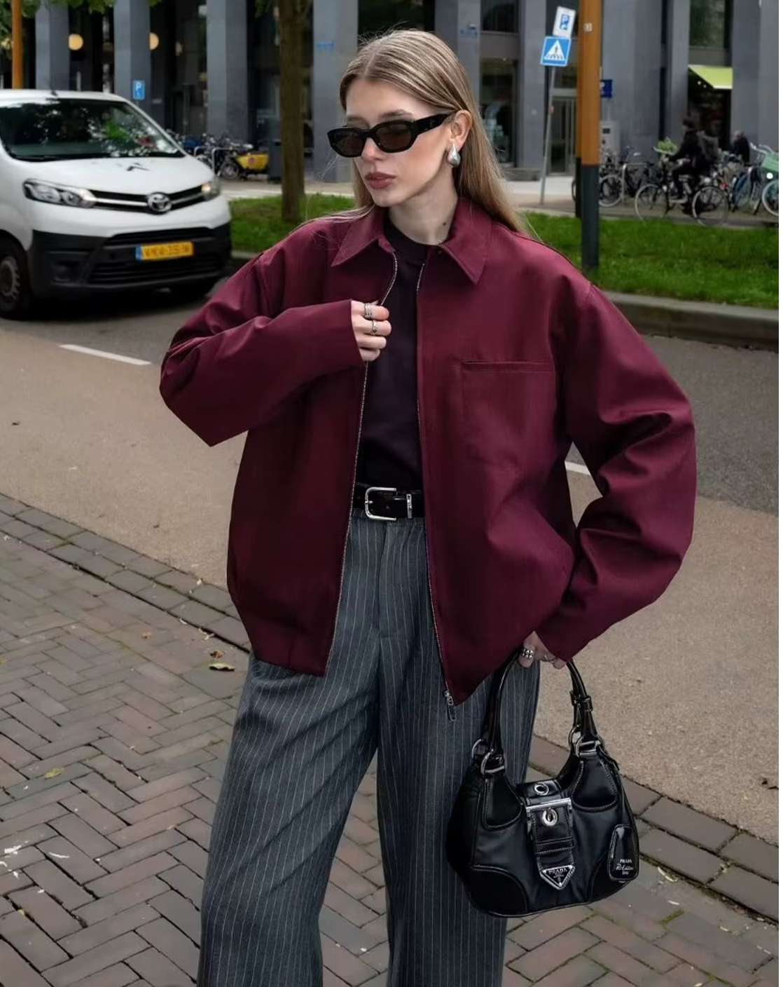 Zipper Pocket Jacket Lantern Mini Skirt Set