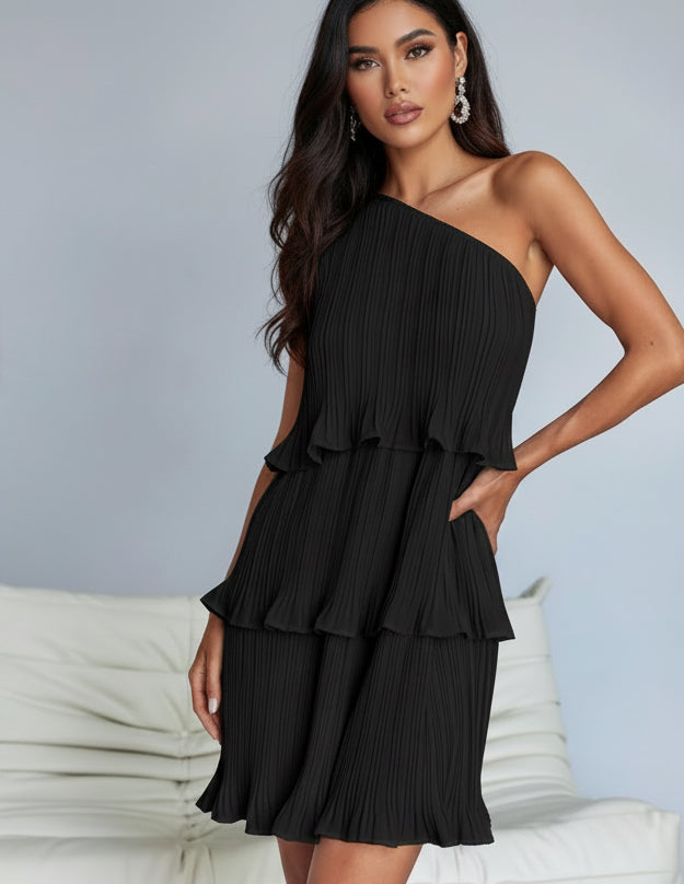 BELLA layered single shoulder mini dress from trendsi, featuring a stylish design with a single shoulder strap and layered detail.