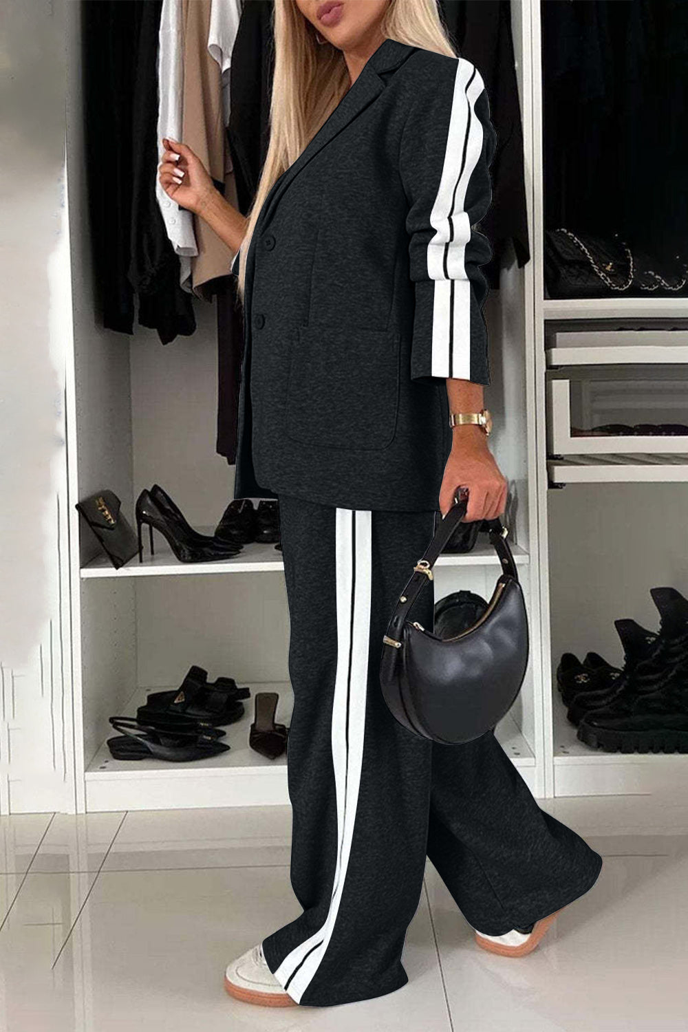 BELLA full size contrast lapel collar top and pants set, trendy fashion ensemble with tailored fit and stylish details.
