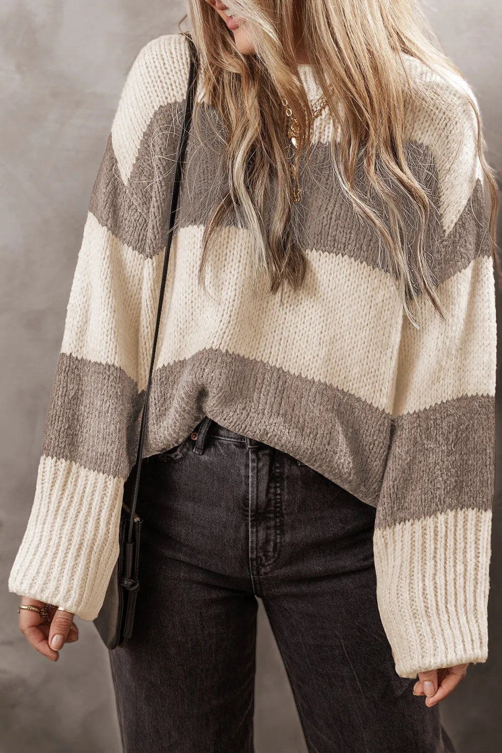 Color block round neck sweater by BELLA BLA featuring bold color blocks and a classic fit, perfect for casual wear.
