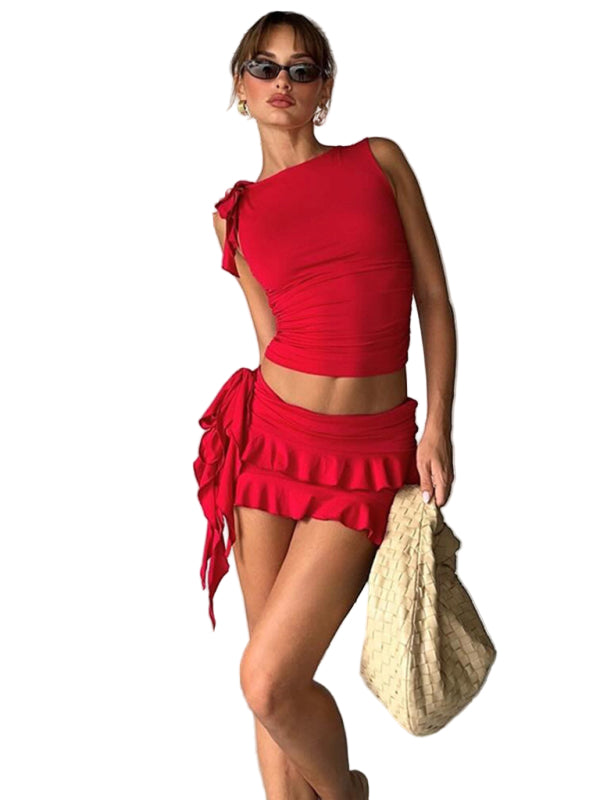 Ruffled Solid Color Miniskirt Set