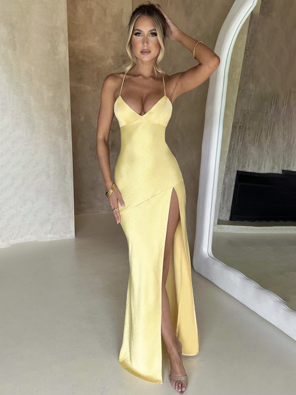 V-Neck Satin Slit Sexy Backless Maxi Dress