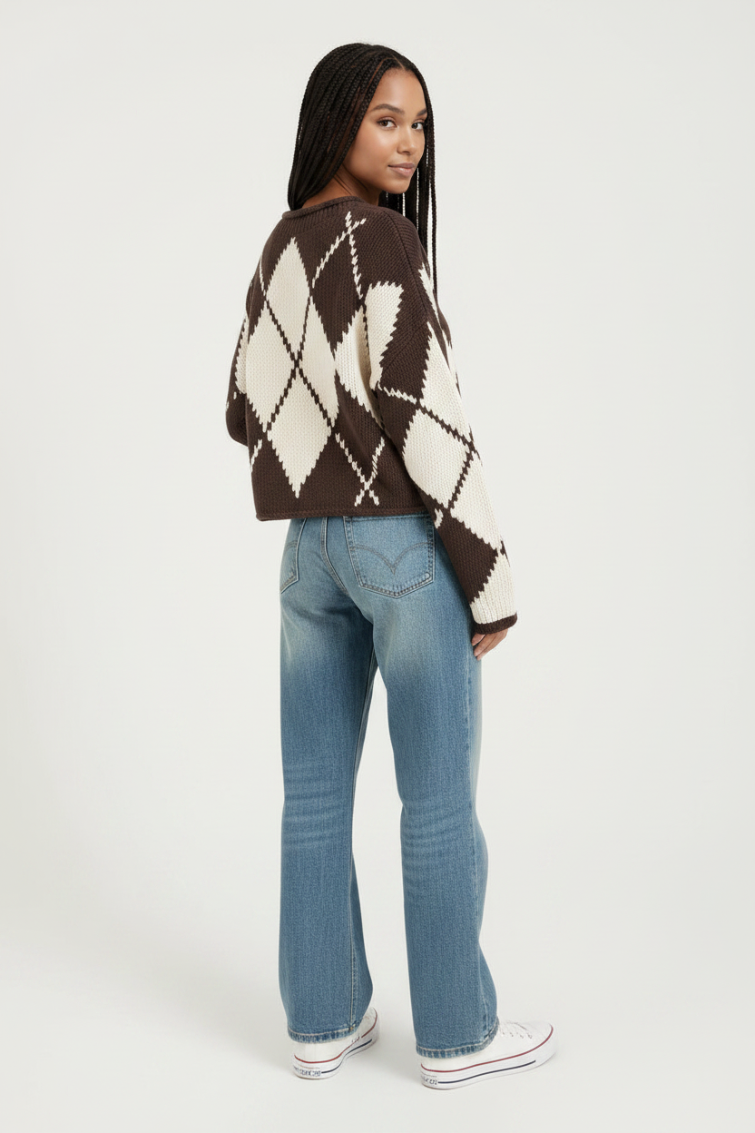 Brown & Cream Argyle Sweater – Full Body Back View