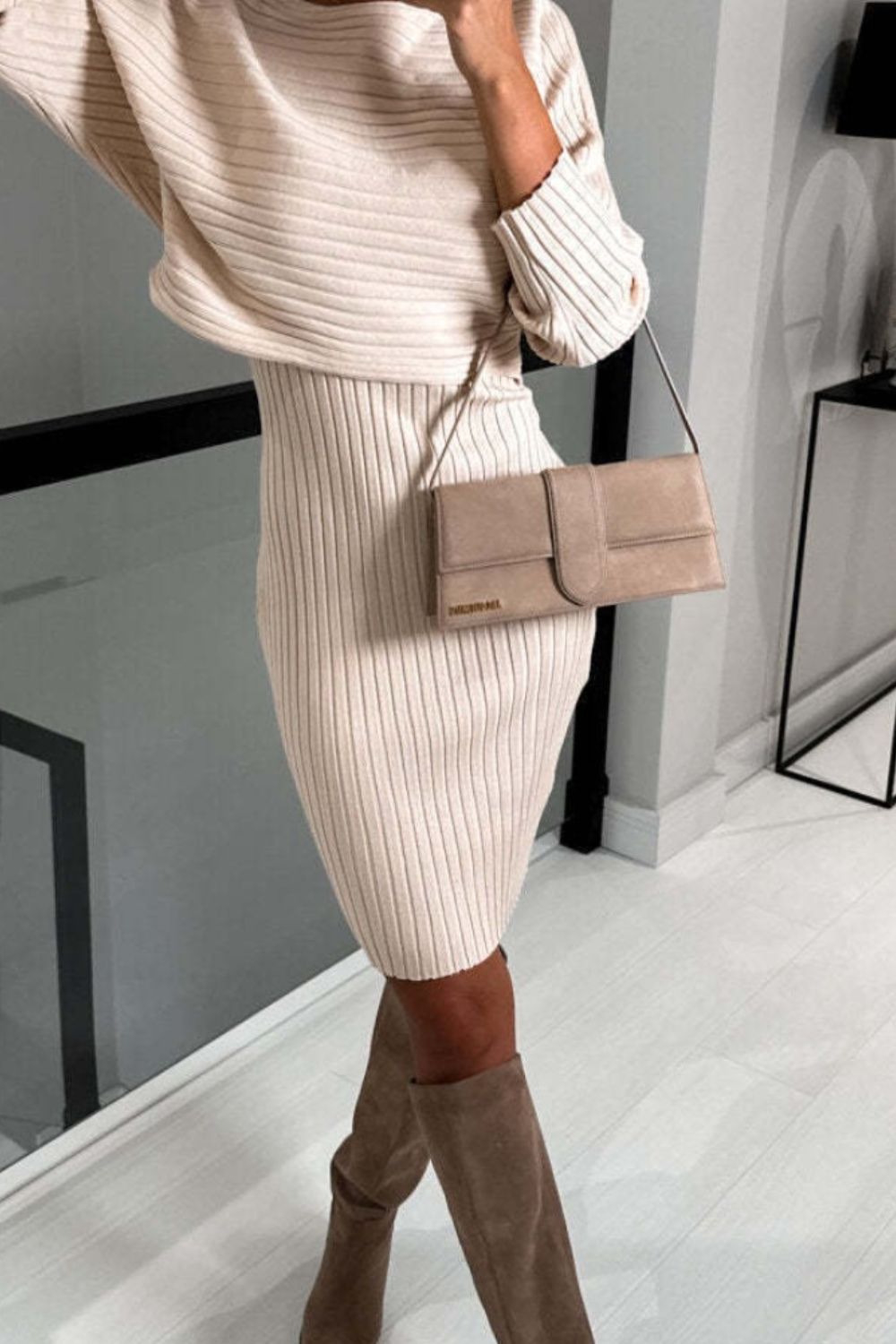 BELLA ribbed round neck top and cami dress sweater set, featuring a fitted ribbed knit fabric in neutral tones.