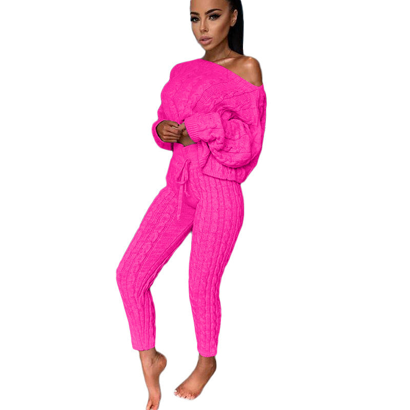 BELLA knitted two-piece set from CJ Drop Aliexpress featuring a cozy, stylish matching top and bottoms in soft fabric.