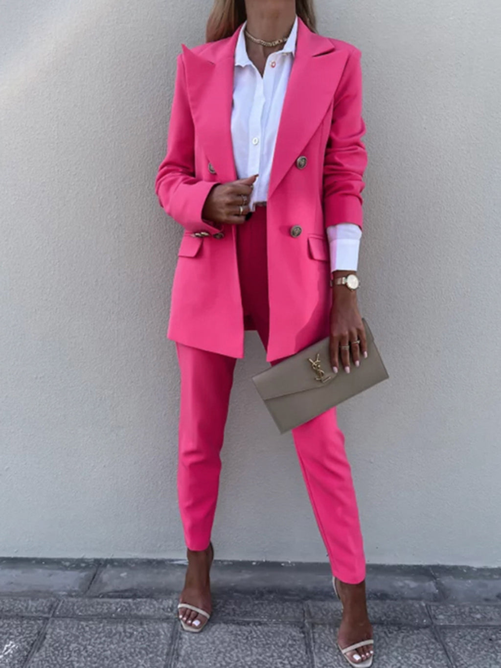 BELLA trendsi lapel collar long sleeve blazer and pants set, stylish tailored women's suit with classic design and fitted silhouette.