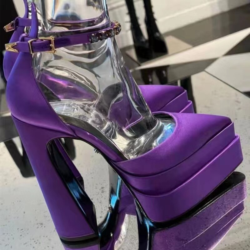 Silk Platform Rhinestone Chunky Heel