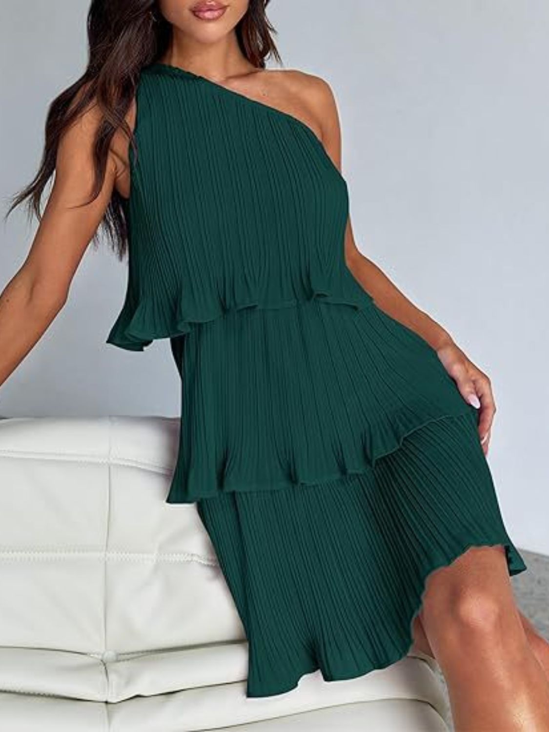 BELLA layered single shoulder mini dress from trendsi, featuring a stylish design and asymmetric shoulder detail, perfect for fashionable occasions.