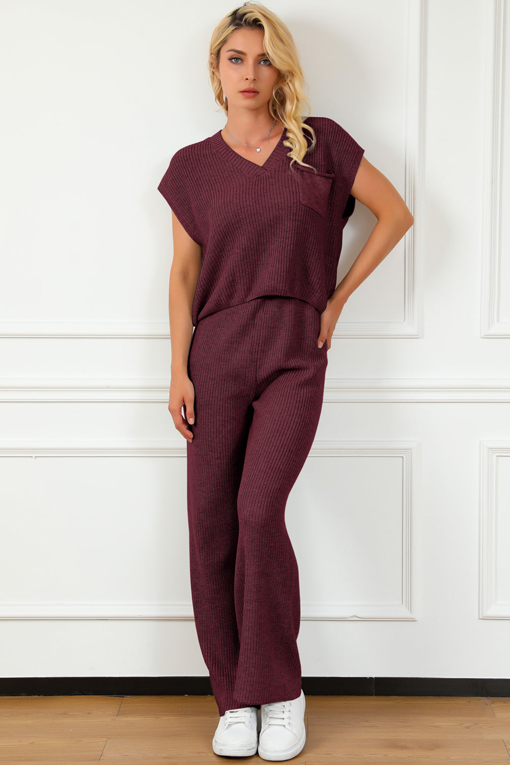 BELLA trendsi pocketed V-neck top and wide-leg sweater pants set, casual knit outfit with pockets, in cozy fabric, front view.