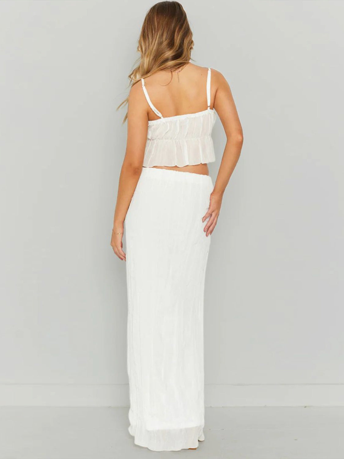 BELLA Square Neck Sleeveless Top and Ruched Skirt Set in trendy fabric, displayed on a model with a neutral background.