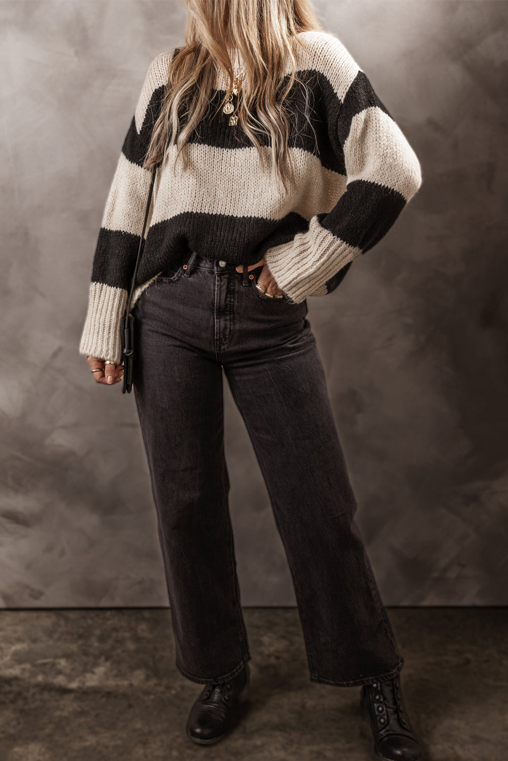 Color block round neck sweater by BELLA BLA featuring bold color blocks and a comfortable fit, shown in a casual outfit.