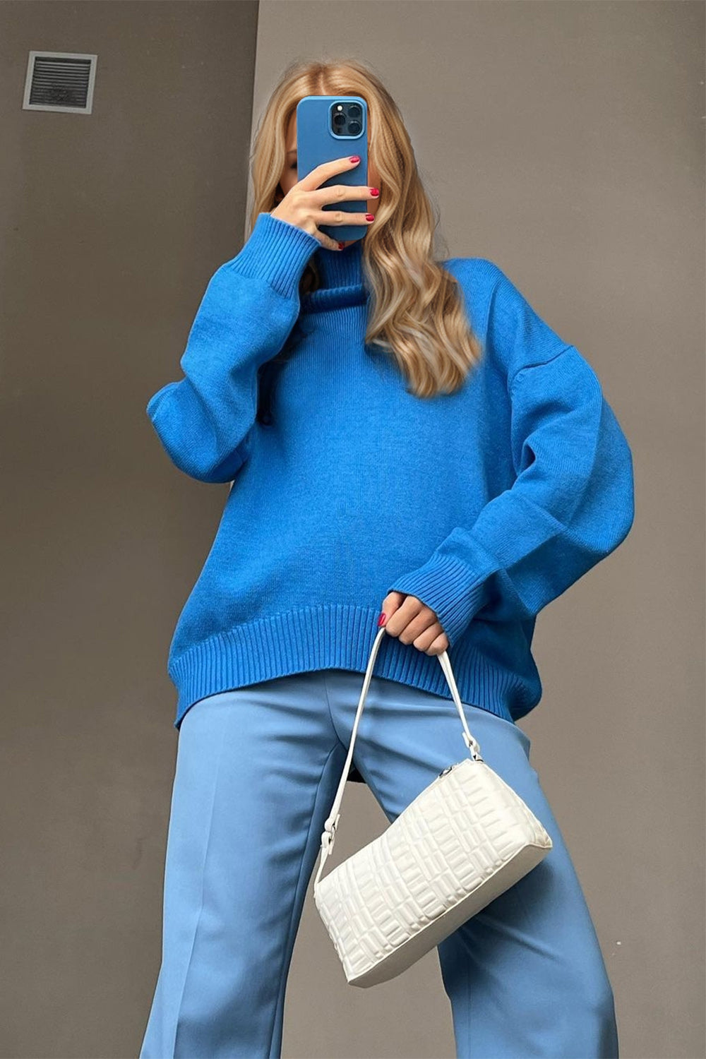 BELLA BLA trendsi turtleneck dropped shoulder long sleeve sweater in soft knit fabric, featuring a relaxed fit and cozy style.