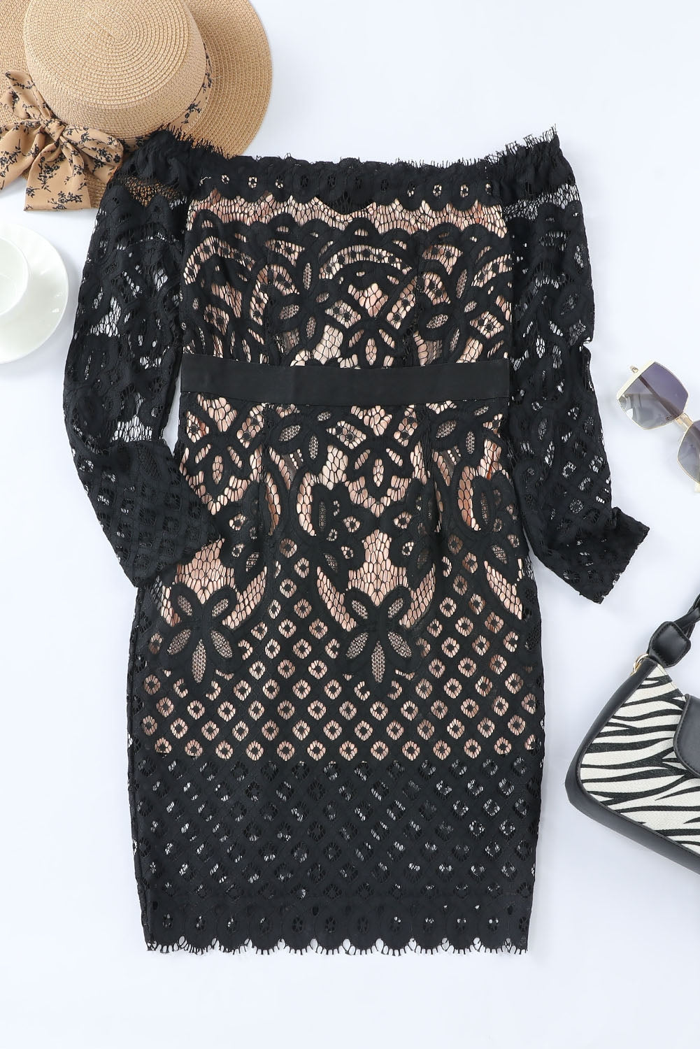 BELLA off-shoulder long sleeve lace dress featuring intricate lace details and a stylish, feminine design.