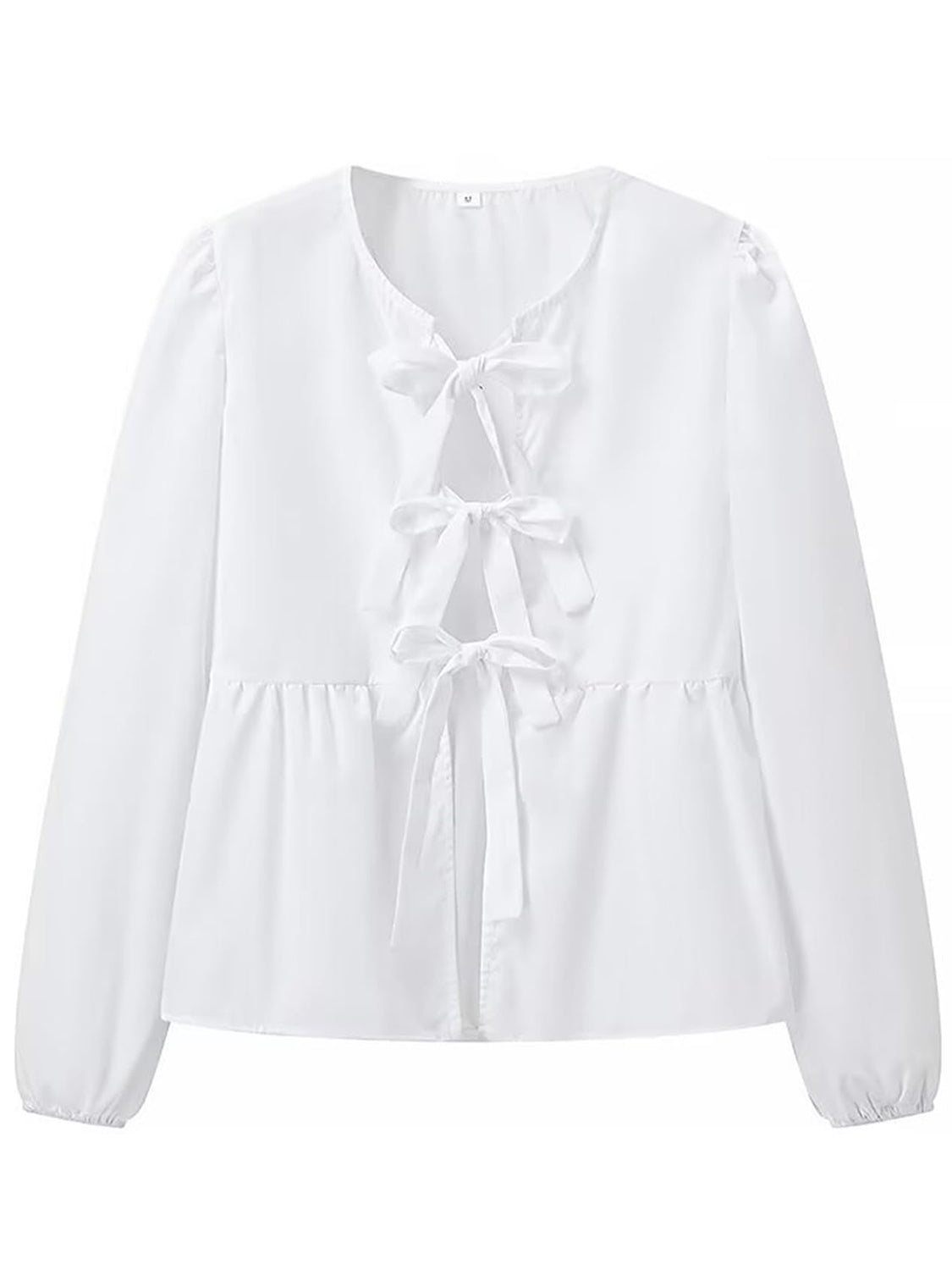 BELLA BLA Tied Round Neck Long Sleeve Blouse in a trendy design, shown on a model with a focus on the neckline and sleeve details.