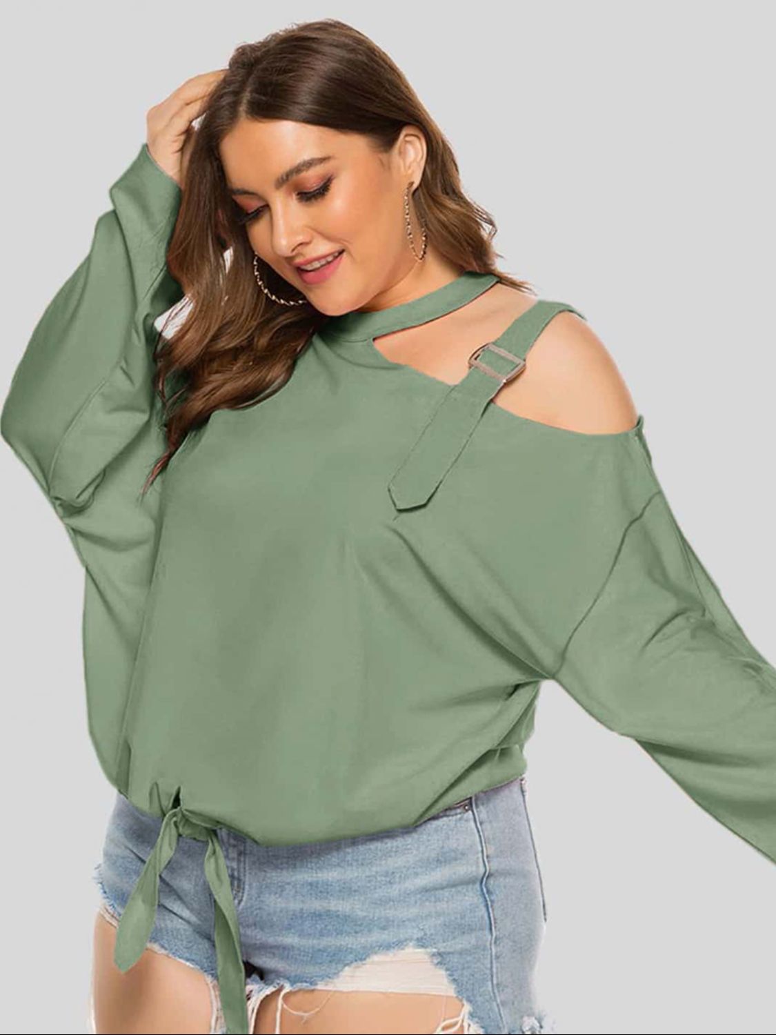 Plus size cold-shoulder tied top by BELLA from trendsi, featuring a stylish design and comfortable fit.