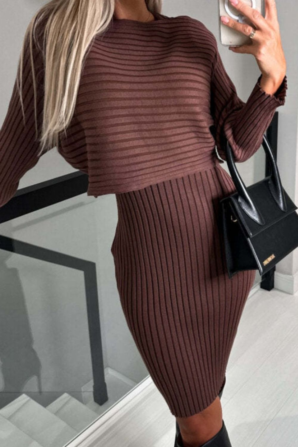 BELLA ribbed round neck top and cami dress sweater set, cozy knit fashion, shown in a stylish close-up view.