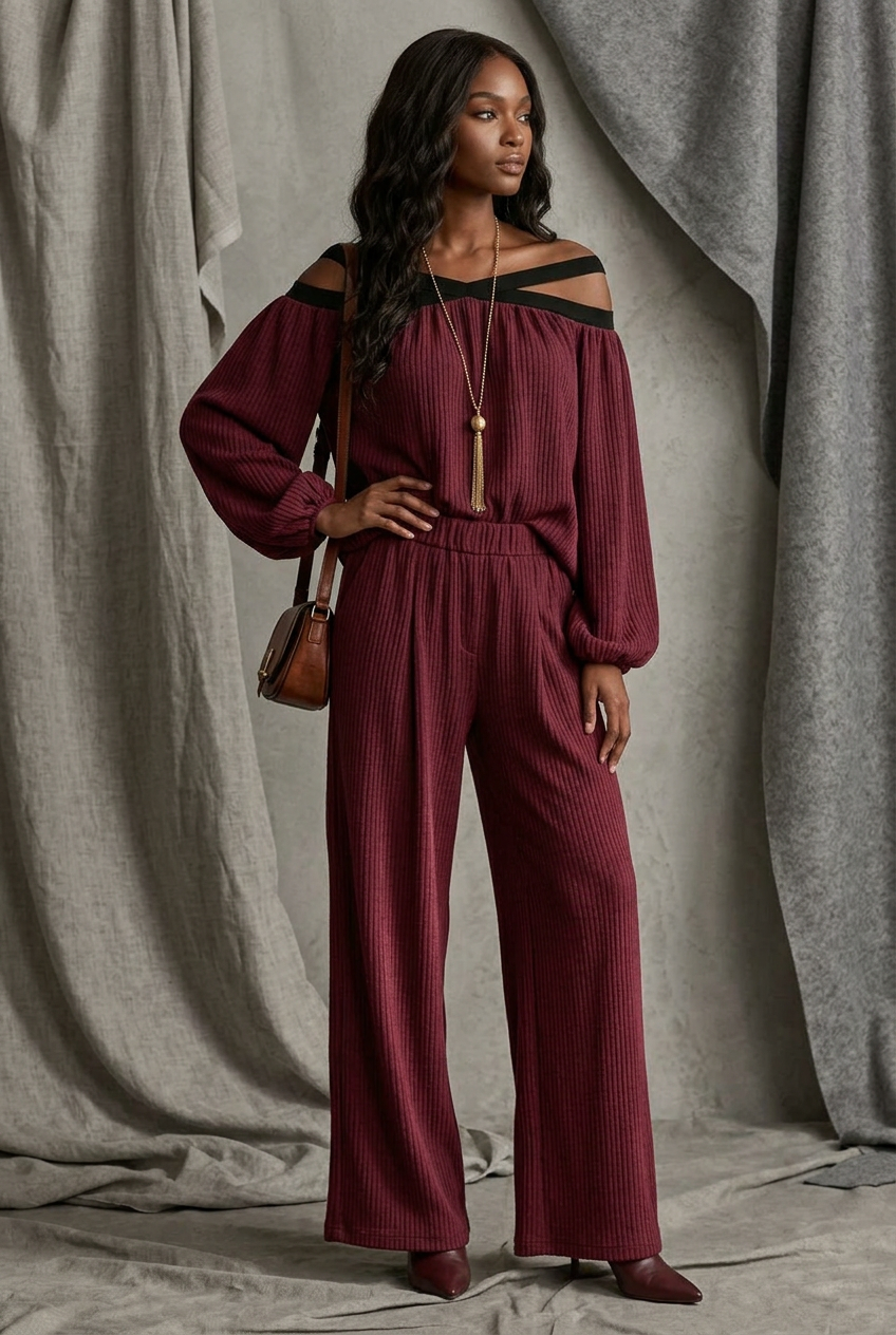 Off-Shoulder Crisscross Cutout Ribbed Knit Top and Wide-Leg Pants Set