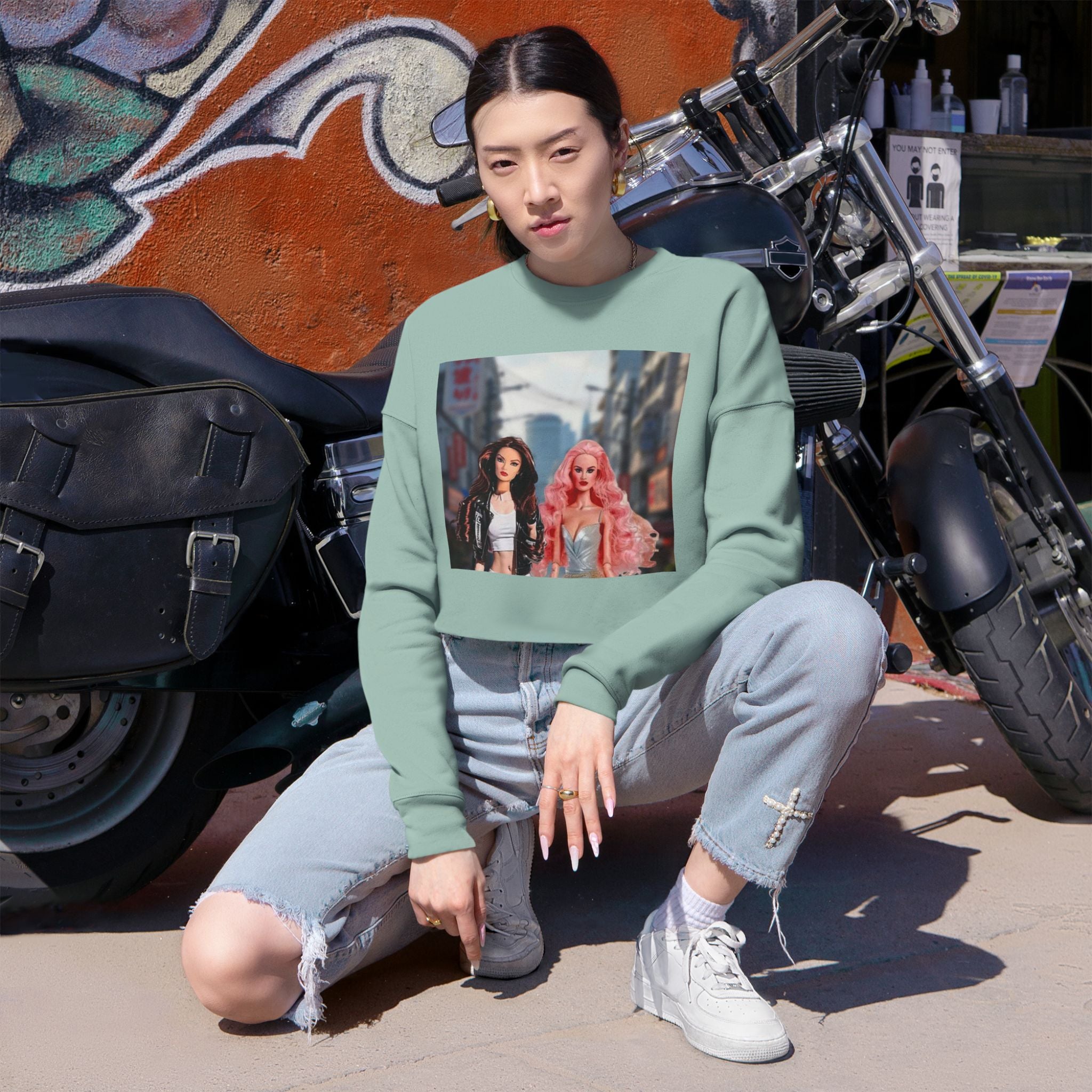 BELLA printify cropped sweatshirt featuring a colorful graphic print, casual fit, and soft fabric, ideal for comfortable streetwear.