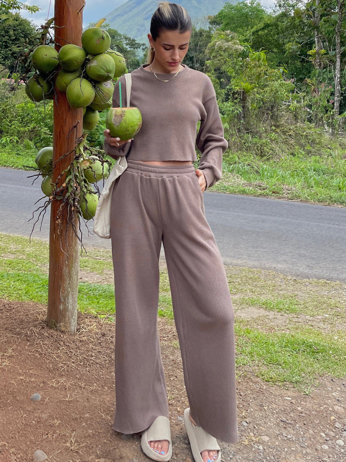 BELLA Waffle-Knit Round Neck Top and Pants Set for women, featuring a cozy, textured waffle fabric in a stylish casual design.
