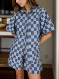 BELLA checkered button-up half sleeve top and matching shorts set, casual summer outfit with stylish pattern and comfortable fit.