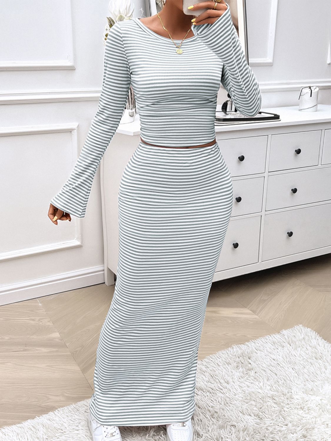 BELLA Devine striped boat neck top and skirt set, trendy women's fashion outfit with coordinated pattern and comfortable fit.