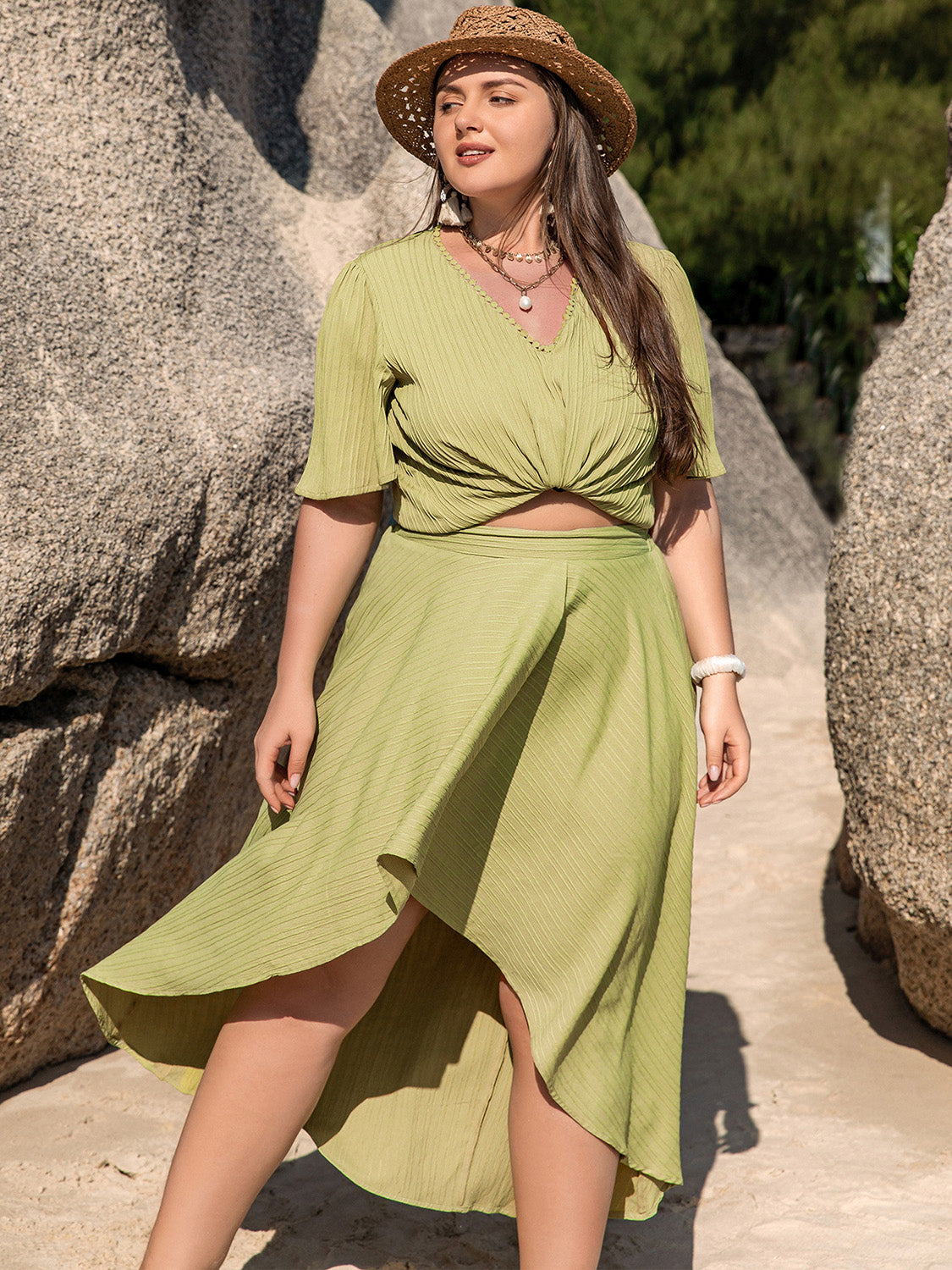 Plus size BELLA V-neck half sleeve top and high-low skirt set, stylish and comfortable fashion ensemble for women.