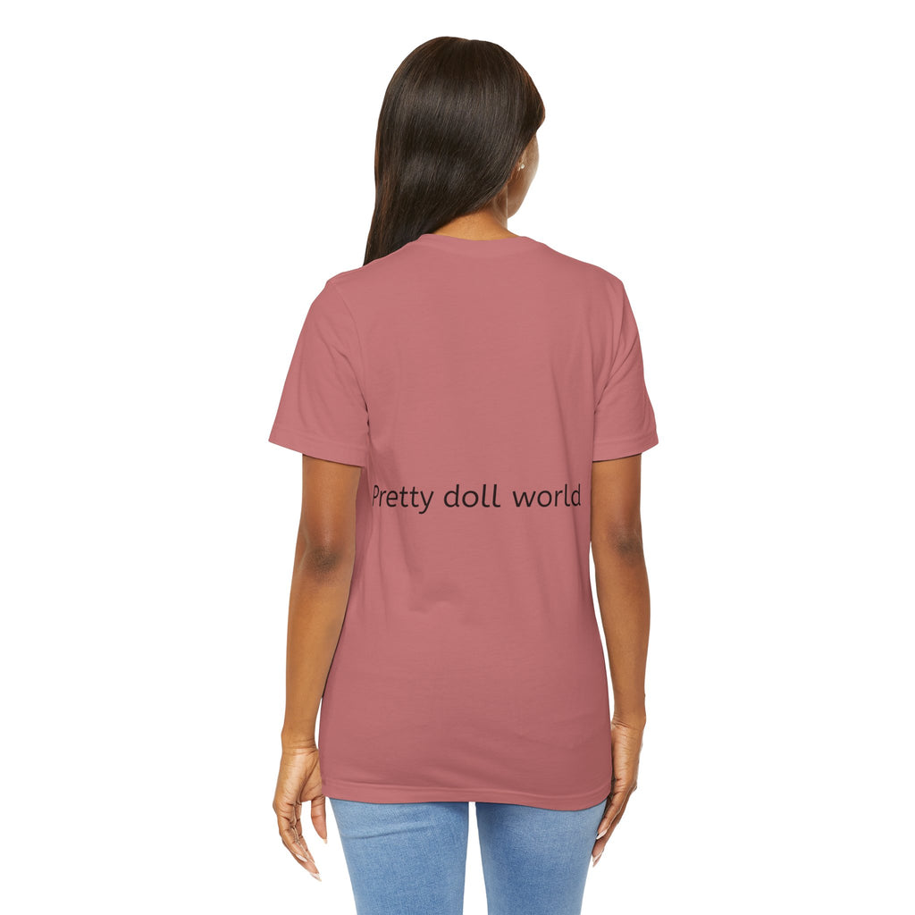 BELLA Pretty Doll World short sleeve tee with colorful print on white fabric, casual and comfortable girls' T-shirt.