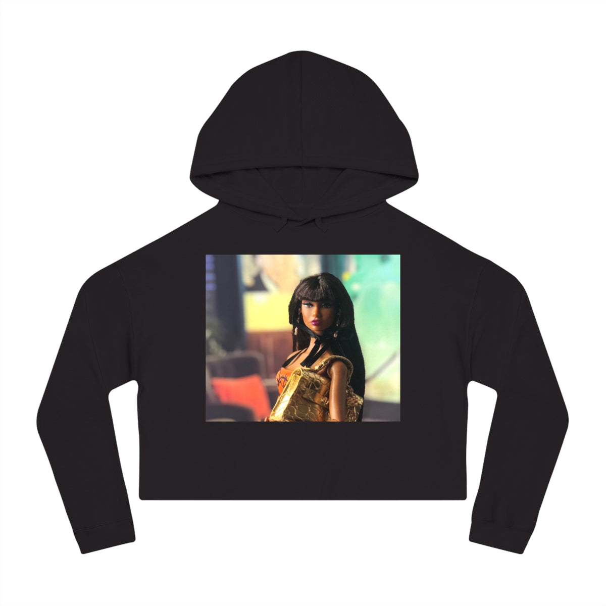 BELLA Pretty Doll World cropped hooded sweatshirt with colorful print, casual fit, and hood, perfect for stylish everyday wear.