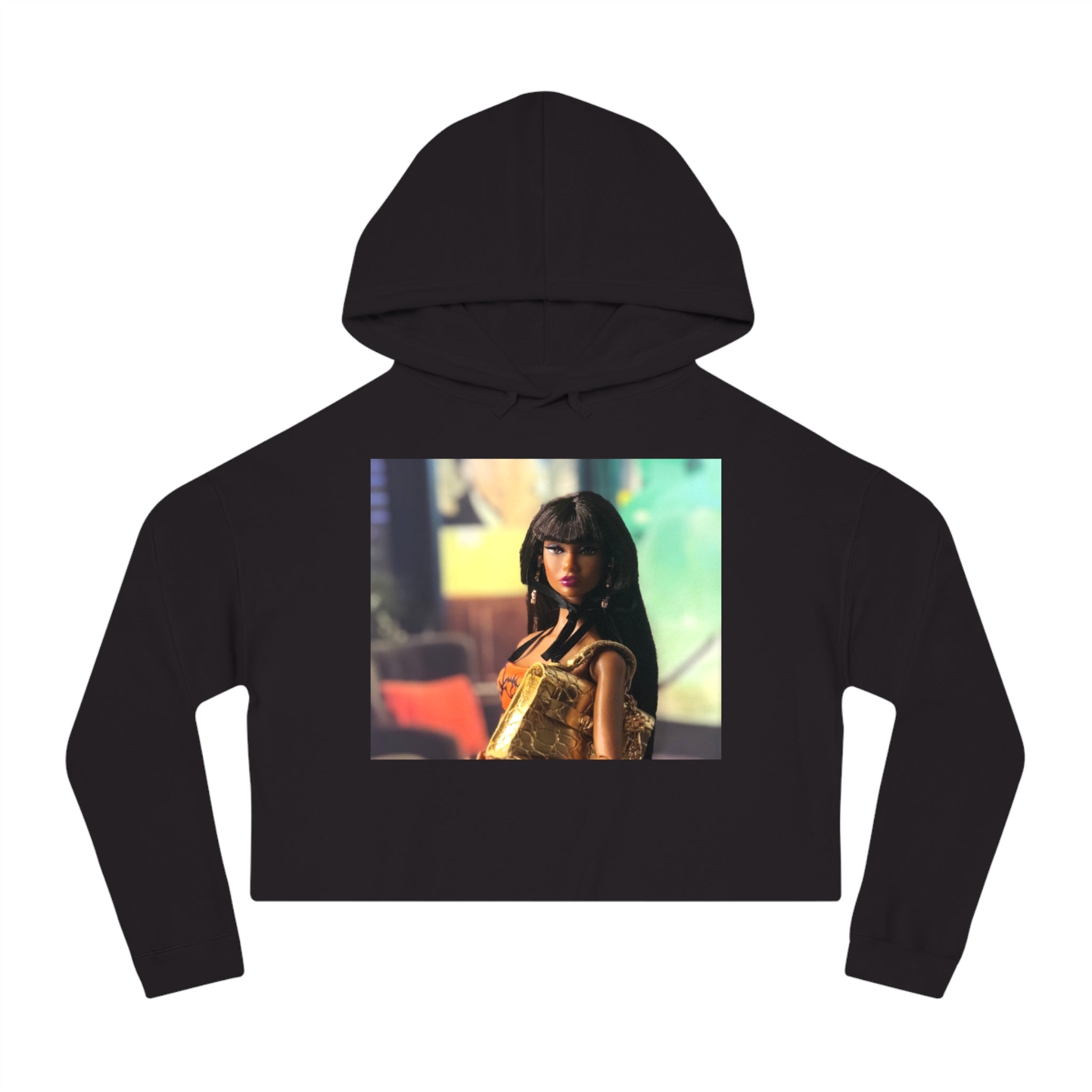 BELLA Pretty Doll World cropped hooded sweatshirt with colorful print, casual fit, and hood, perfect for stylish everyday wear.