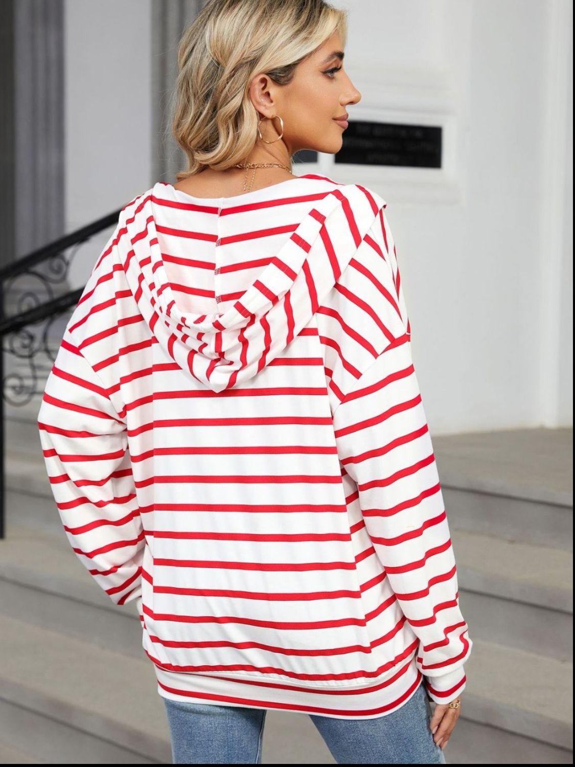 BELLA BLA drawstring striped long sleeve hoodie featuring a relaxed fit with a hood and casual style.