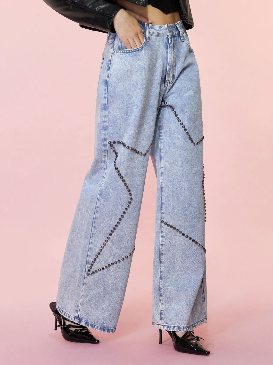 BELLA Studded Star Straight Jeans with pockets, featuring metallic studs and classic denim, stylish and versatile for casual wear.