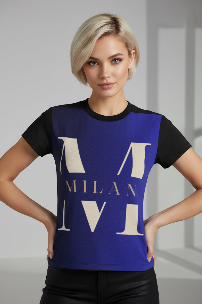 BELLA M for Milan T-shirt featuring a stylish graphic print, made by Printify, showcasing a modern and trendy design.