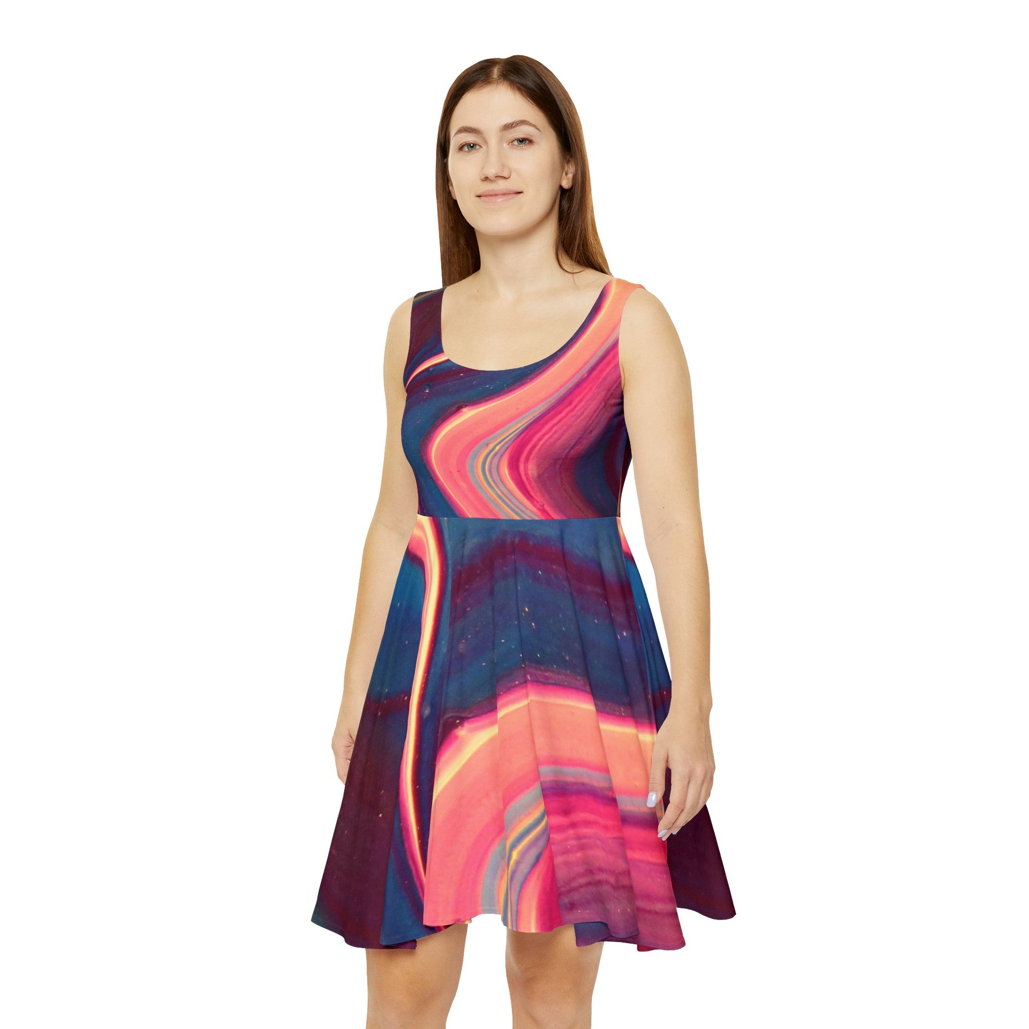 BELLA Wave Skater Dress with colorful print, fitted bodice and flared skirt, stylish and comfortable for casual wear