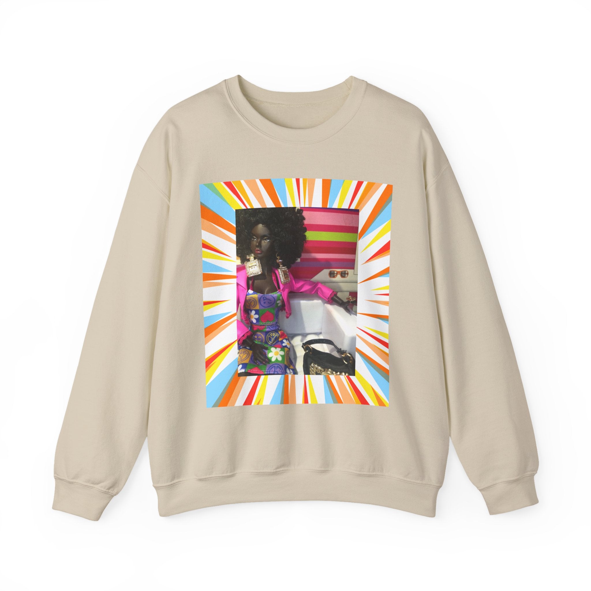 BELLA printify PDW crewneck sweatshirt with printed design, soft fabric, and ribbed cuffs, shown in a close-up view.