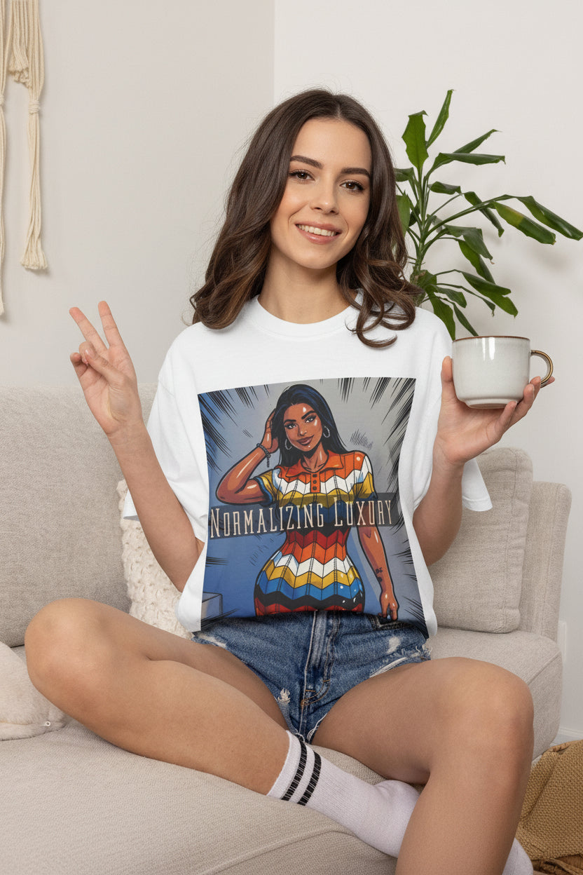 Graphic T-Shirt — "Normalizing Luxury" Retro Woman Design with QR Code