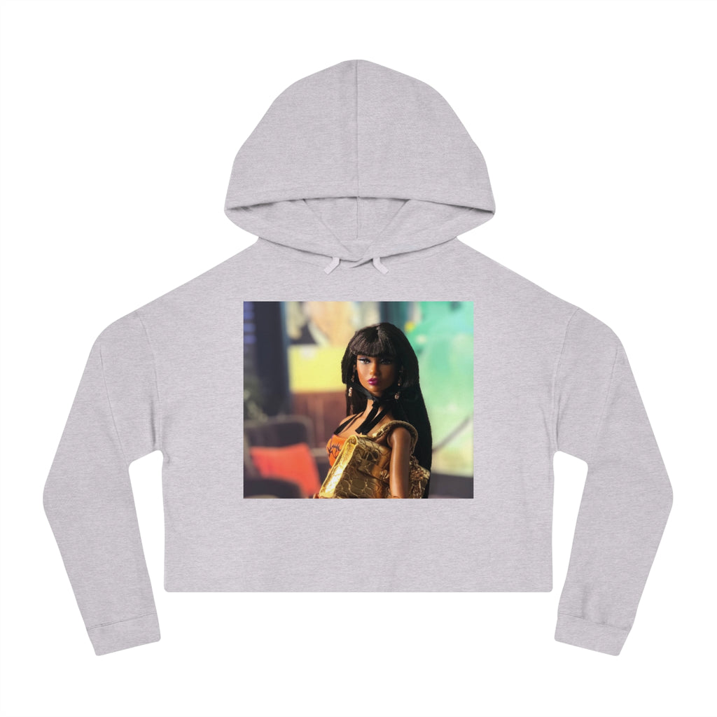BELLA Pretty Doll World Cropped Hooded sweatshirt with colorful doll print, casual fit, and hood, worn by a model.
