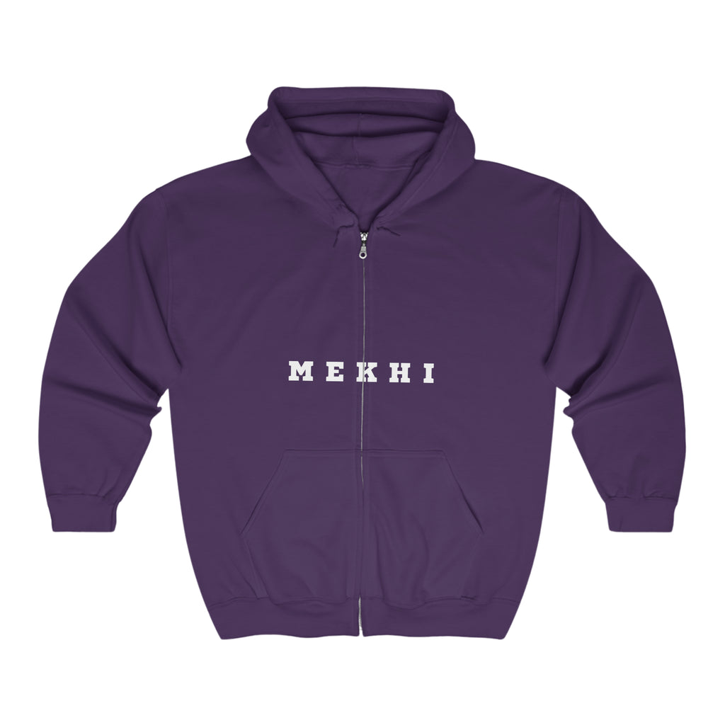 BELLA Signature full zip hooded sweatshirt with front pockets and adjustable drawstrings, shown on a model.