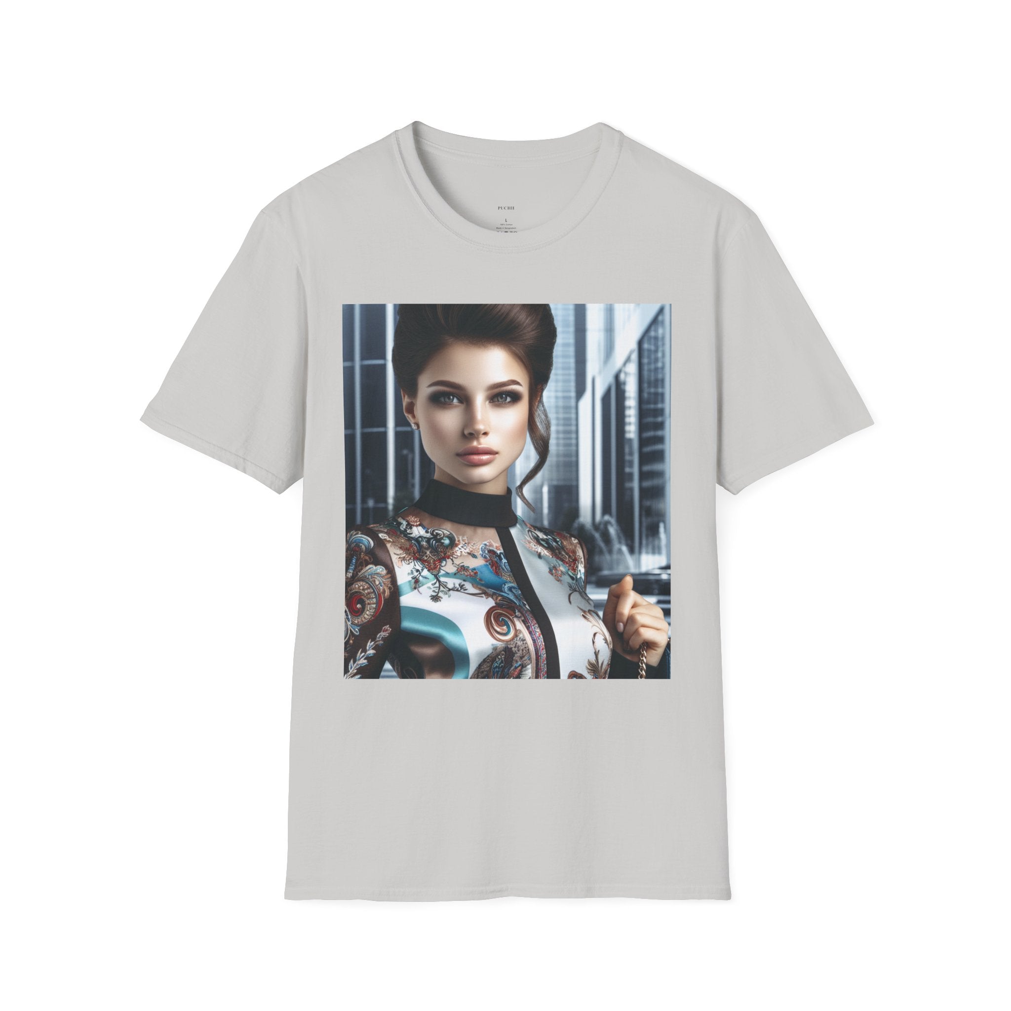 Softstyle T-Shirt by Printify, white cotton casual t-shirt with short sleeves and round neckline, front view.