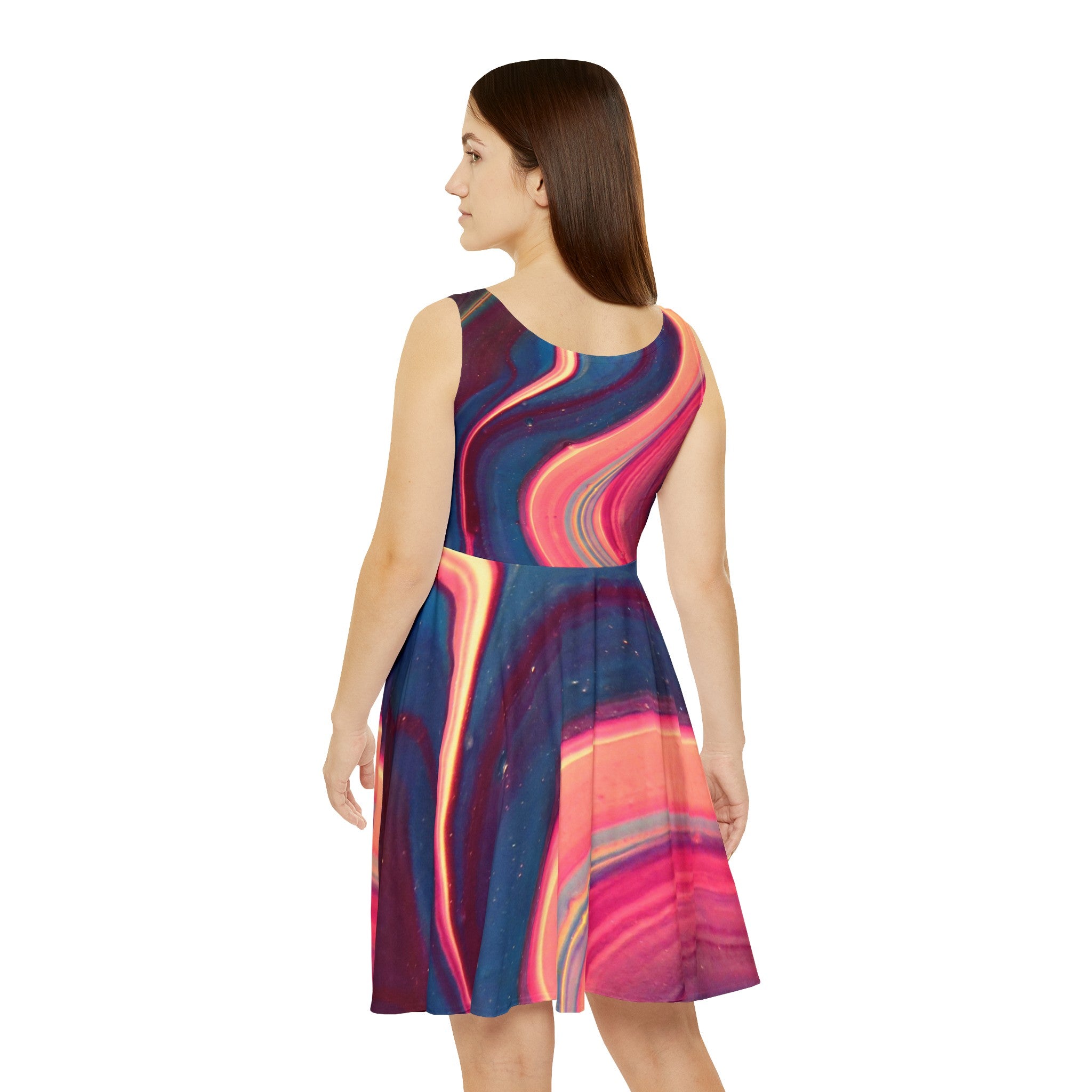 BELLA Wave Skater Dress with colorful wave print, flared skirt, and sleeveless design, perfect for casual summer wear.