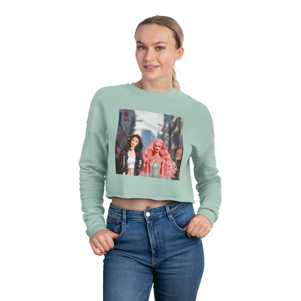 BELLA printify cropped sweatshirt with colorful graphic print, casual fit, long sleeves, and crew neckline.