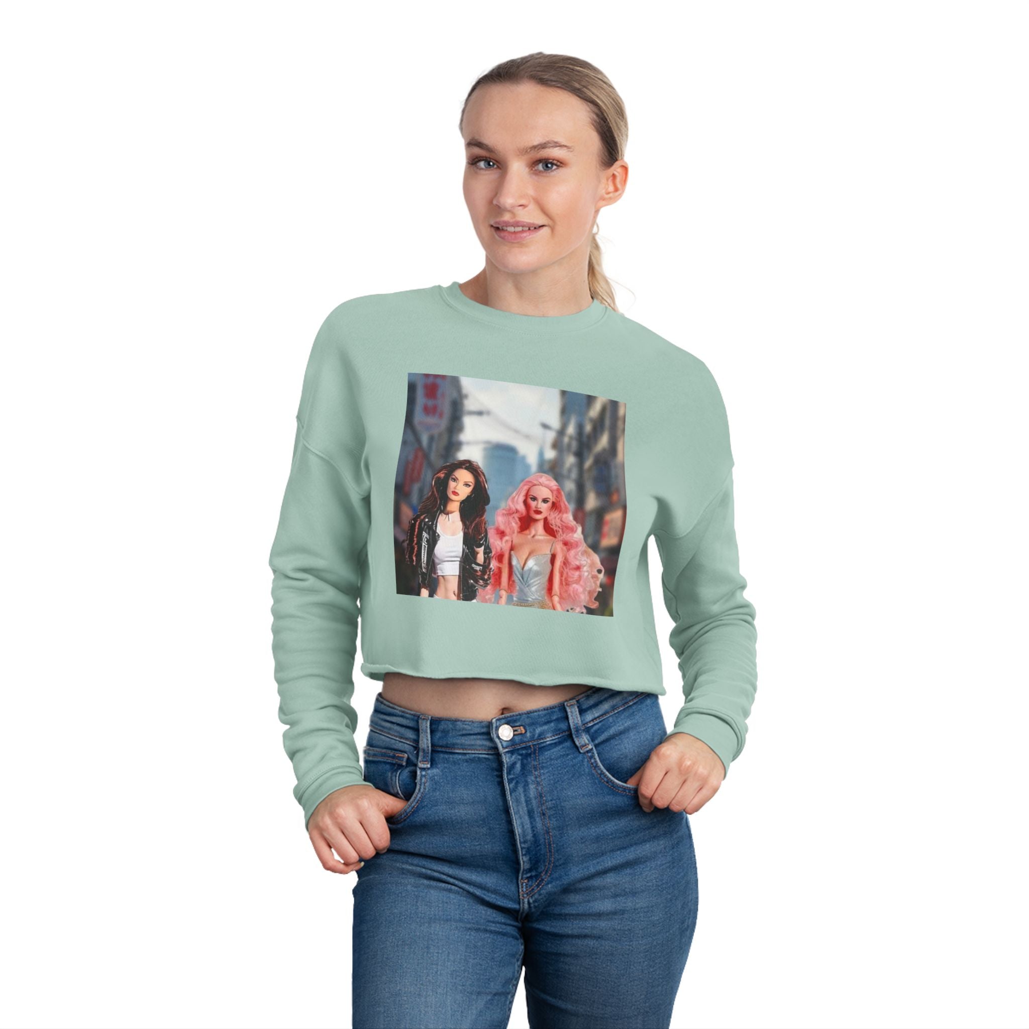 BELLA printify cropped sweatshirt with colorful graphic print, casual fit, long sleeves, and crew neckline.