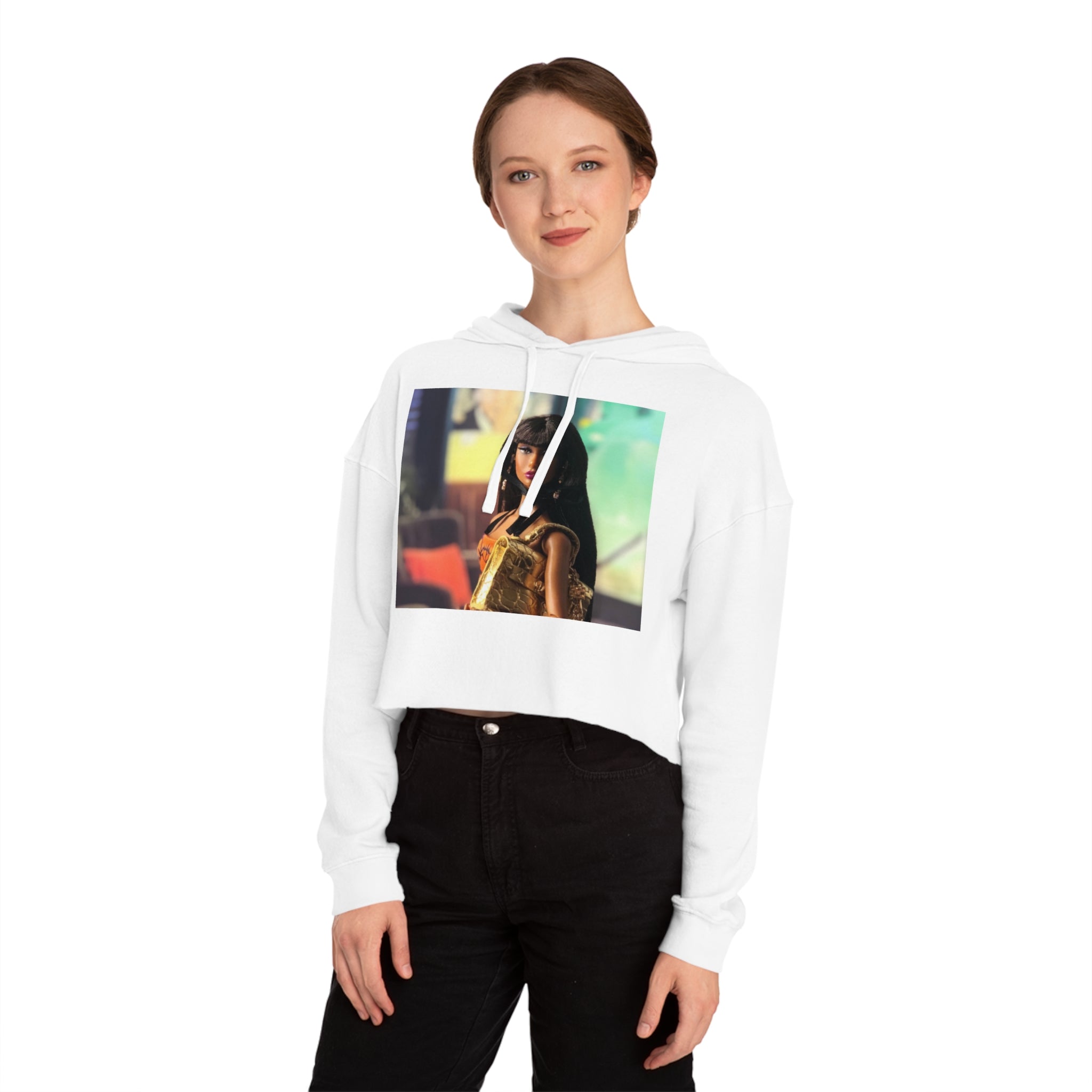 BELLA Pretty Doll World cropped hooded sweatshirt with colorful print, casual style, and comfortable fit.