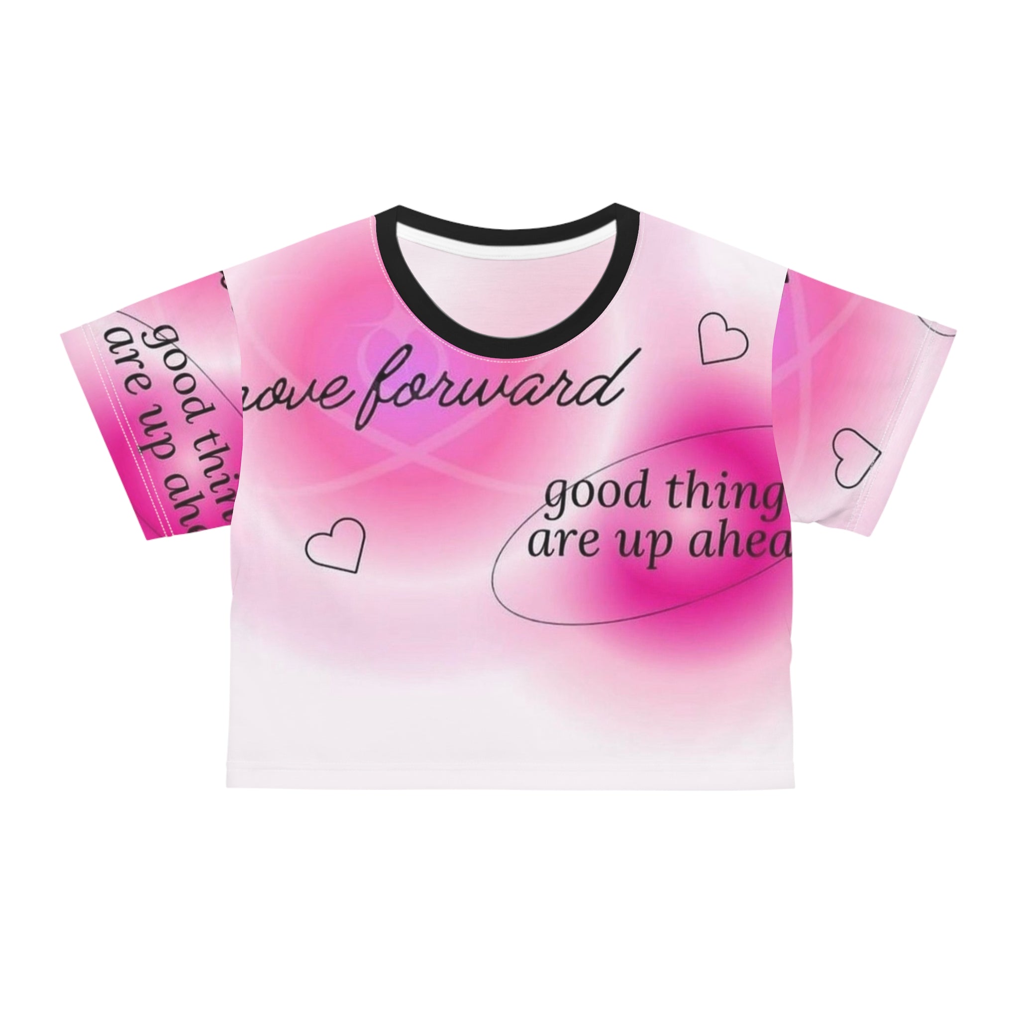 BELLA Good Things are Up Ahead Crop Tee with colorful inspirational print on soft cotton fabric.