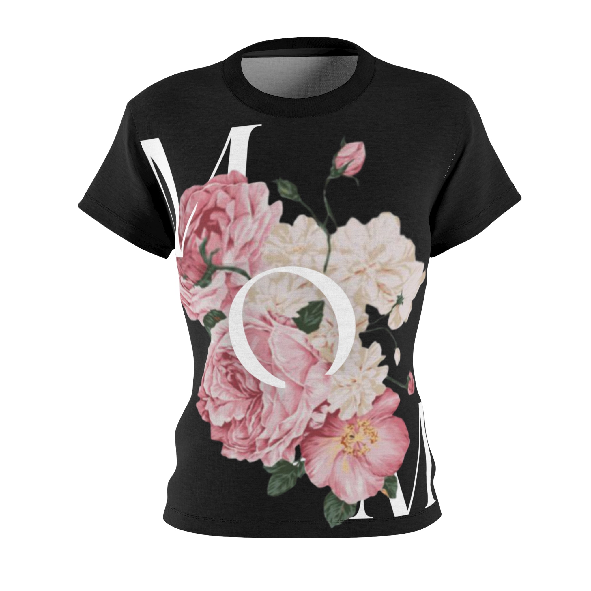 BELLA MOM flowers T-shirt with colorful floral print on a white background, casual women's graphic tee from Printify
